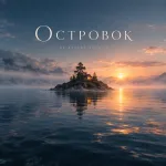 Маленький остров с деревом и домиком в спокойном море на рассвете - обложка «Островок»