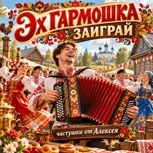 Парень с красной гармонью на деревенской ярмарке среди танцующих в сарафанах - обложка «Эх гармошка заиграй»