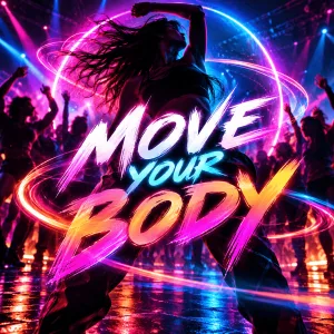 Танцующая девушка в неоновых кольцах света над толпой - обложка «Move Your Body»