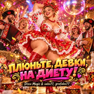 Женщина в красно-белом наряде пляшет среди гармониста, балалаечника и конфетти - обложка «Плюньте, девки, на диету!»