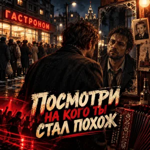 Мужчина смотрит на своё отражение в зеркале у гастронома с очередью - обложка «Посмотри на кого ты стал похож»