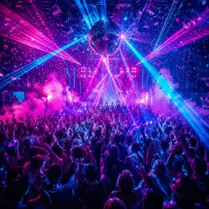 Танцпол под розовыми и голубыми лазерами - обложка кавера «Танцуй» проекта Disco Magic