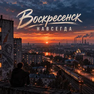 Парень сидит на крыше над городом с заводскими трубами и поездом на закате - обложка «Воскресенск навсегда»